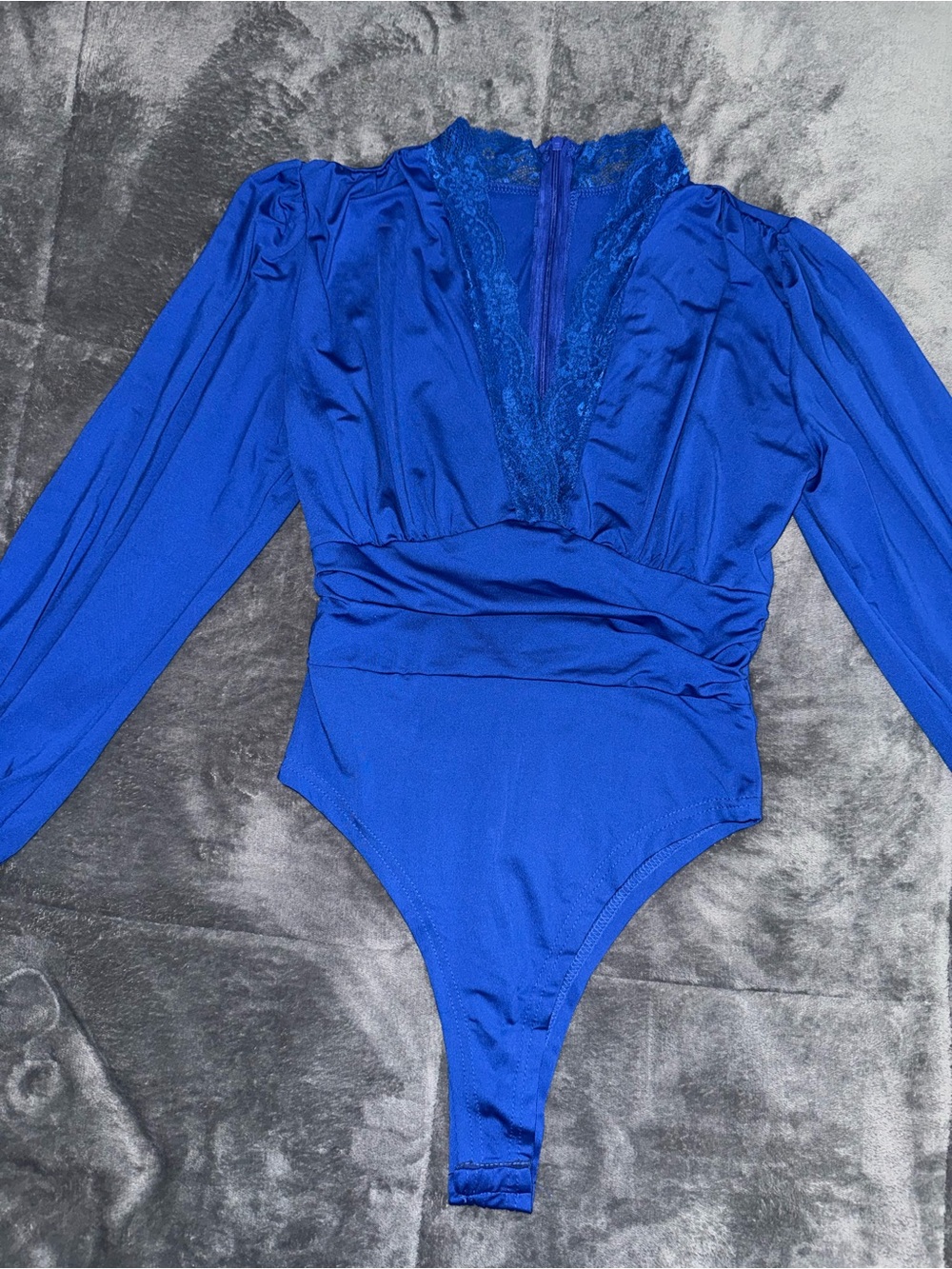 Royal Blue Lace Trim Long Sleeve Bodysuit